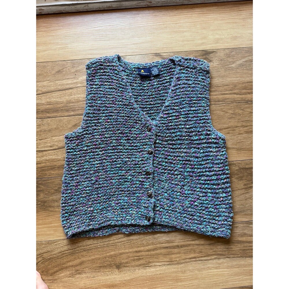 Vintage 90s Lizsport Multicolor Cotton Ribbon Knit Sweater Vest L/XL 100% Cotton